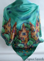 Батик платок из натурального атласа Сказочный городок