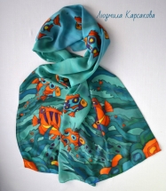 Батик шарф из натурального шелка "Тропические рыбки"